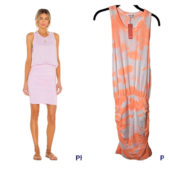 Sundry Dresses & Skirts - NWT SUNDRY x ANTHRO White Orange Ti Dye Racerback Ruched Cotton Mini Dress L